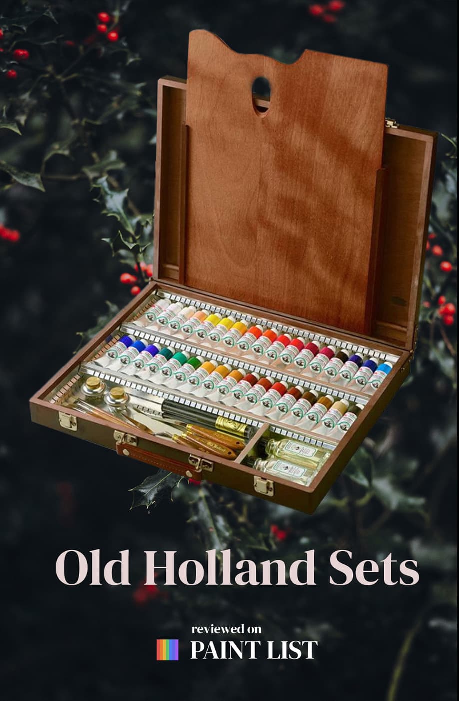 A set of about 34 oil paints in a natural wood box with gold clasps.