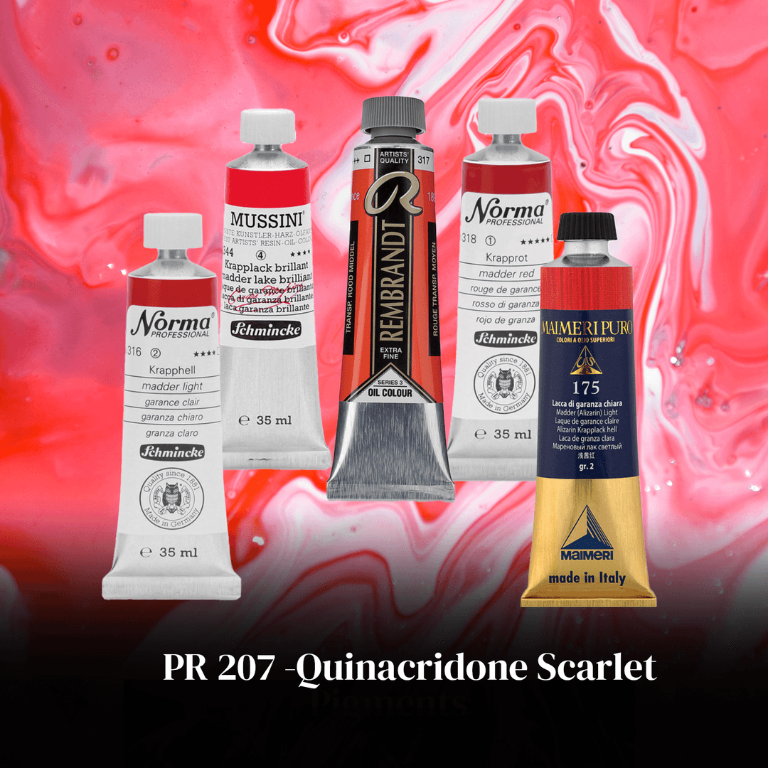 Several tubes of paint that contained PR207, Quinacridone Red Light