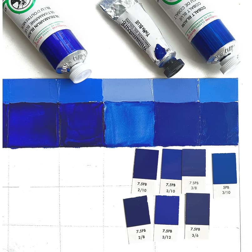 A panel showing paint swatches of a few different blue paints. Munsell chips are set near the colors for comparison.