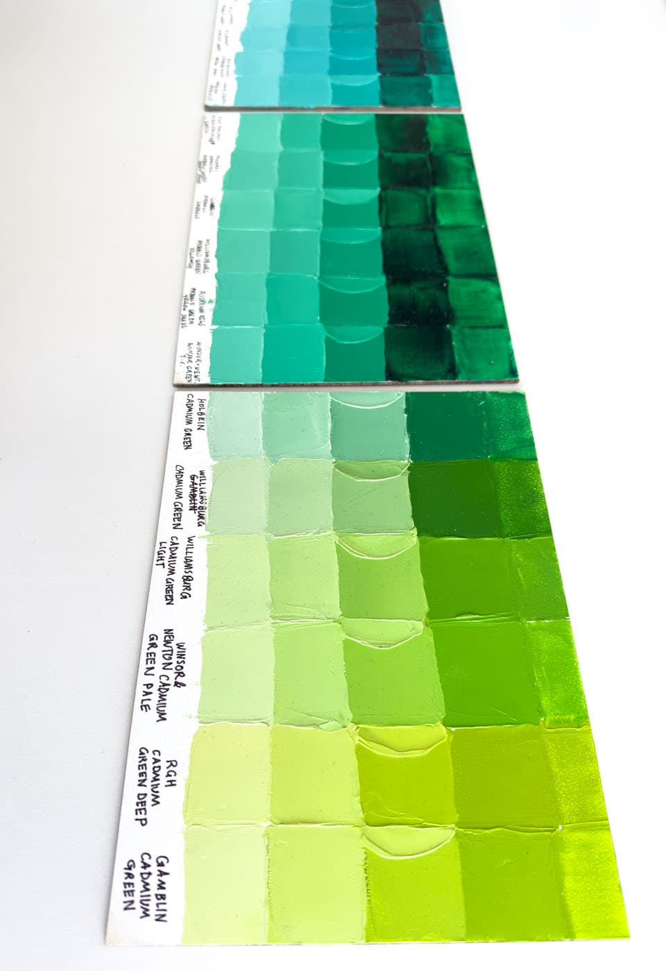 Three panels show the hue differences between cadmium green convenience blends and single pigment phthalo greens. The cadmium greens are more limey.