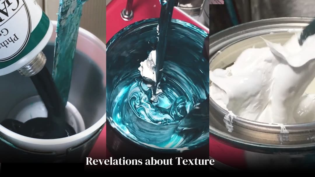 Gamblin paint shown being decanted into a mixing cup- the paint has a gel-like texture. Another view shows the paint being mixed with white and it is very thick. Finally a closeup of a can of Gamblin Titanium white which shows how it coheres to itself- it makes a sculptural texture.