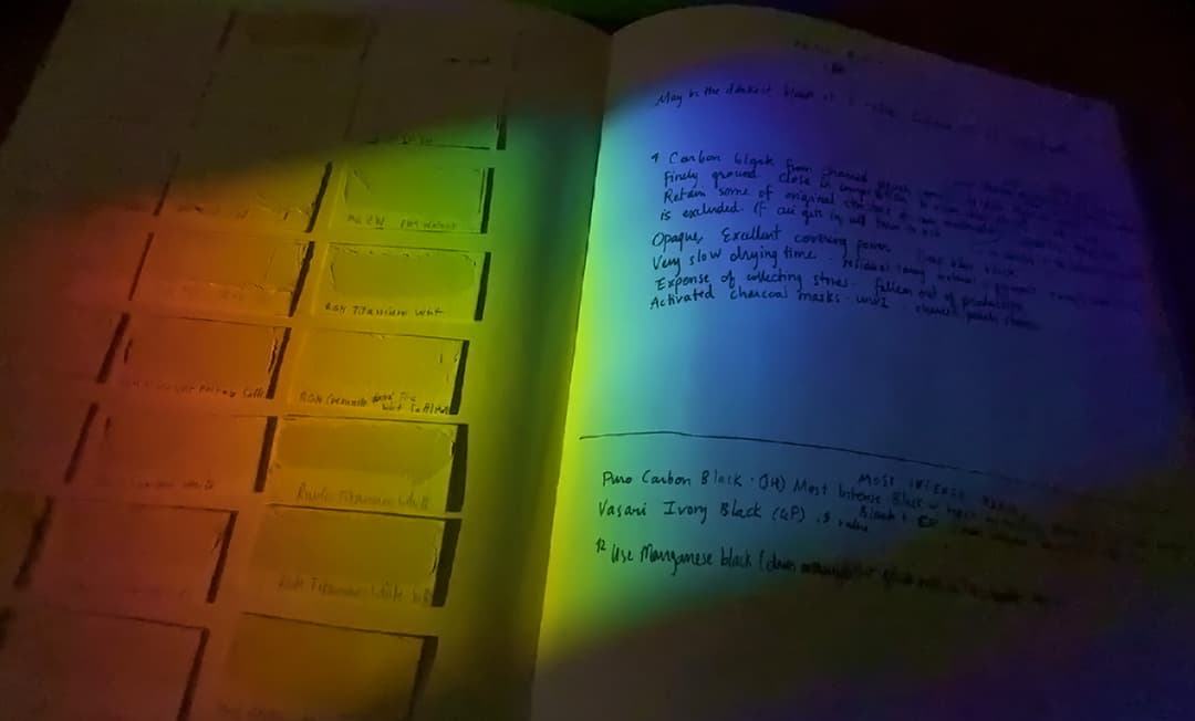 The Great Book of Color- a treasure trove of knowledge. A book with ribbon bookmarks and a rainbow across the front. Text reads Secrets of the Paint List.