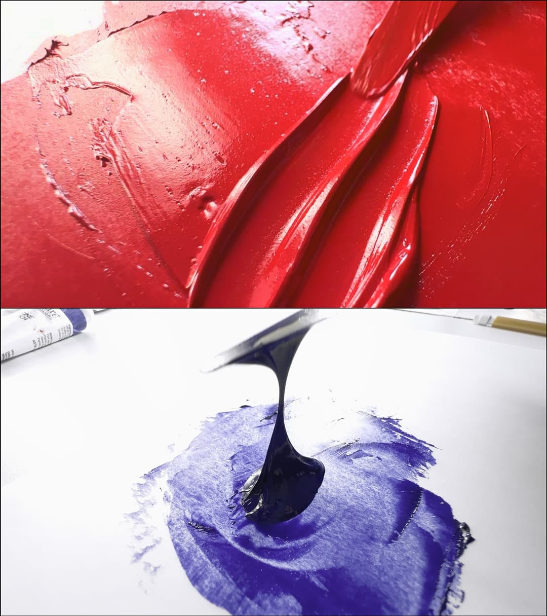 One image shows troughs made through paint with a palette knife. This is set next to another image where the paint is being pulled and it seems almost liquid.