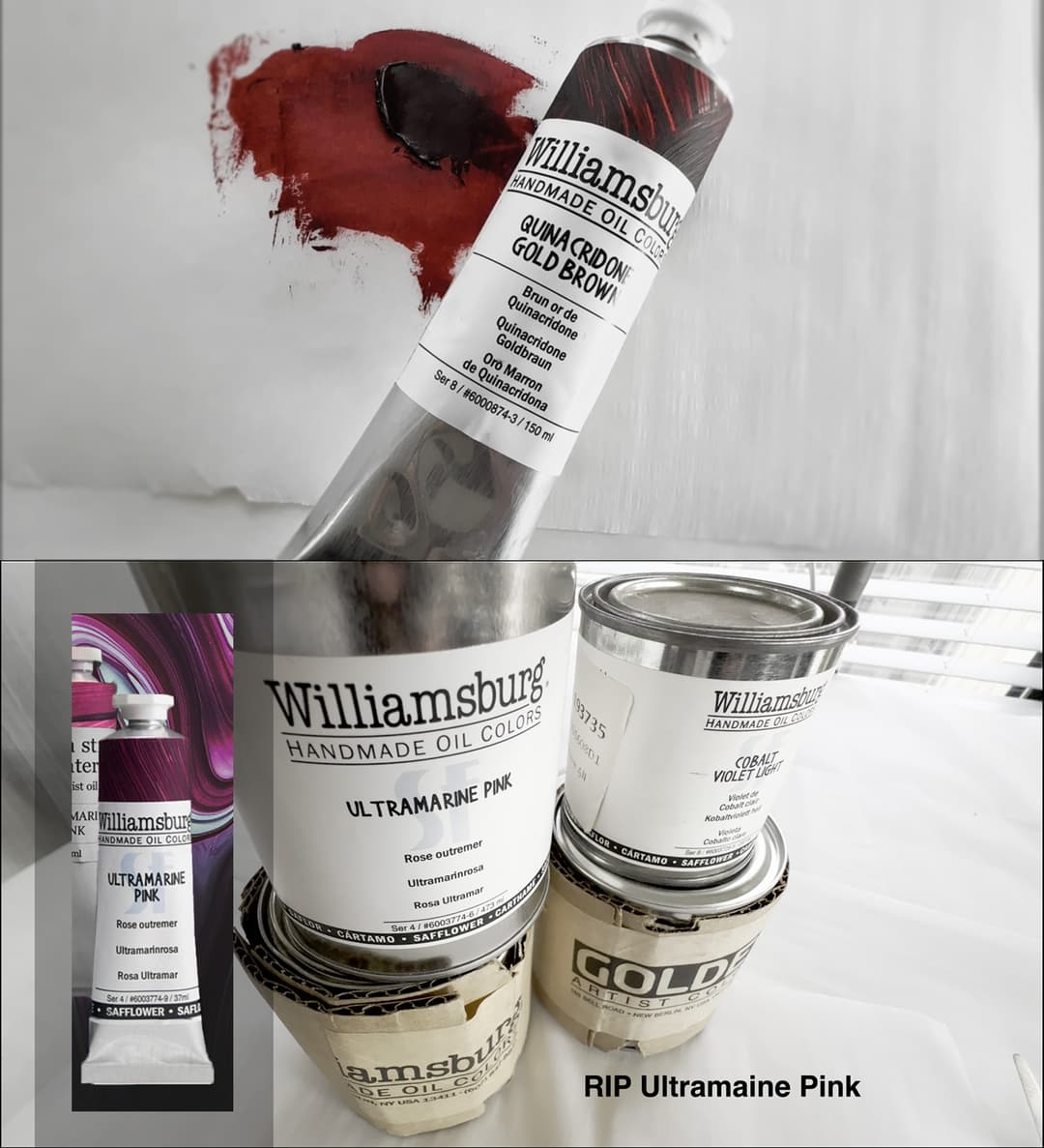 A tube of Quinacridone Gold Brown, and a can of SF Ultramarine Pink are examples of discontinued colors.