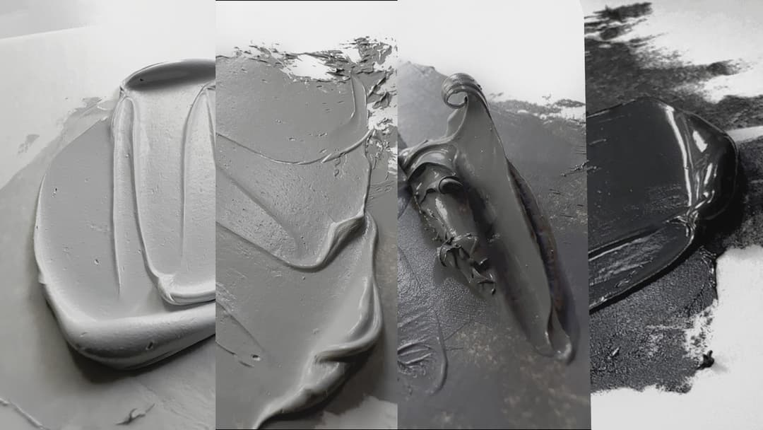 Closeups of the four Munsell greys. There are dollops of paint that show different characteristics, and N4 in particular is shown with a pretty stiff impasto peak that is quite tall with a crisp curl of paint. N2 looks glossier than the rest.