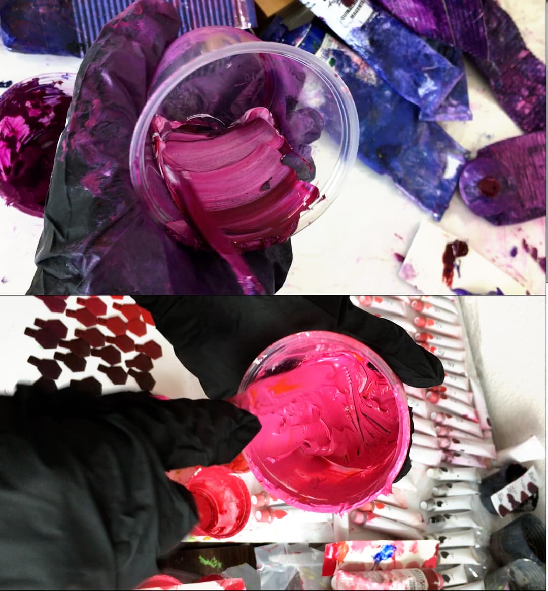 Two cups of paint being mixed which show a stiff consistency to the paint.