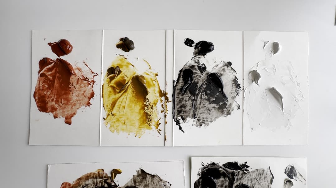 Swatches of paint: a brick red, a muted yellow, a deep black, and a cool white