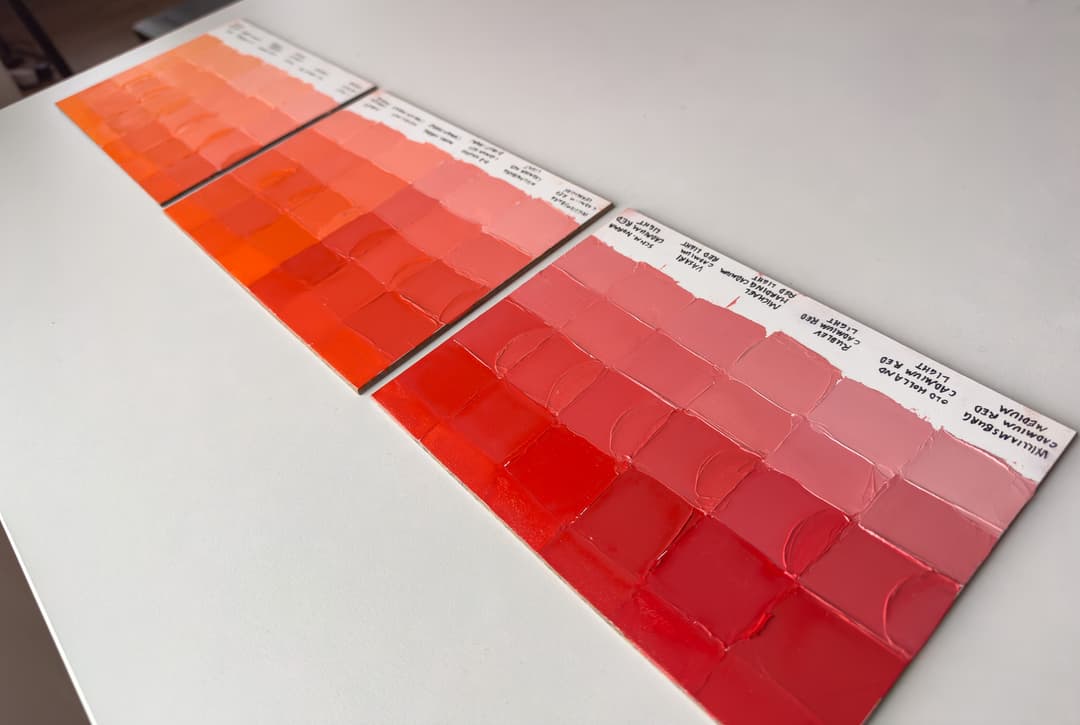 Three panels show a comparison of Cadmium Red Lights vs. Cadmium Red Mediums in oil paint.