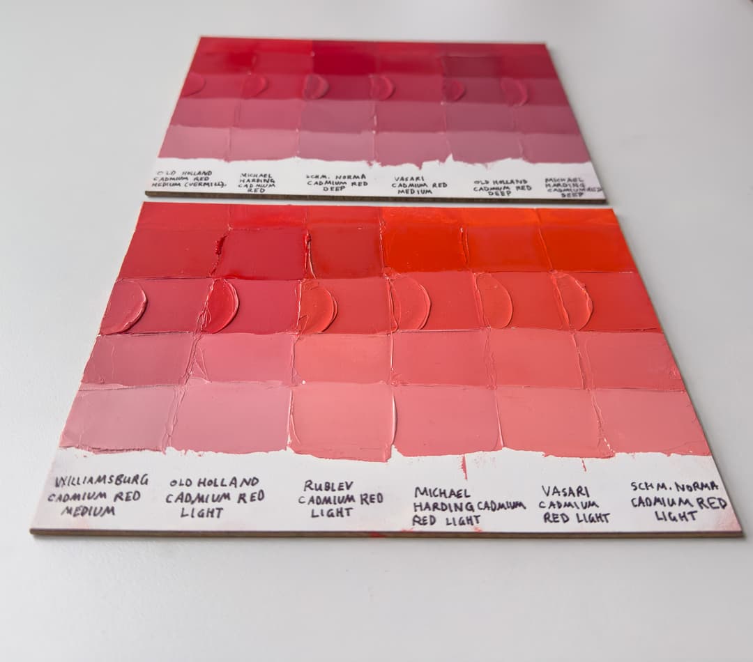 Cadmium Red Light and Cadmium Red Medium Comparison. Brands of paint include Williamsburg, Old Holland, Rublev, Michael Harding, Vasari, and Schmincke Norma