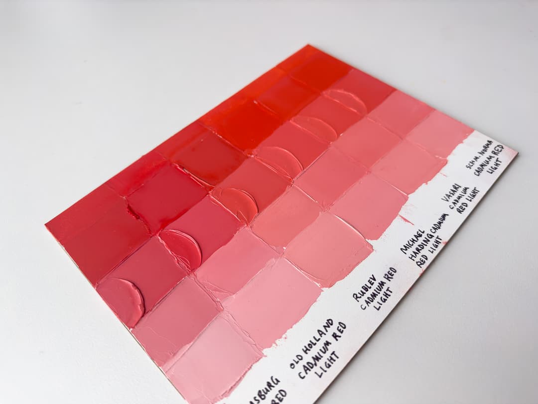 Two panels that display the cadmium red light colors in context with deeper hues from cadmium red mediums and deeps.