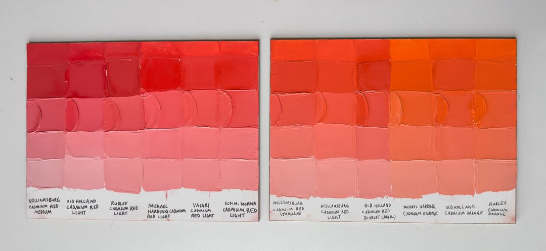 Panels that show the comparison of paint swatches of Cadmium Red Light and Cadmium Red Orange across many brands