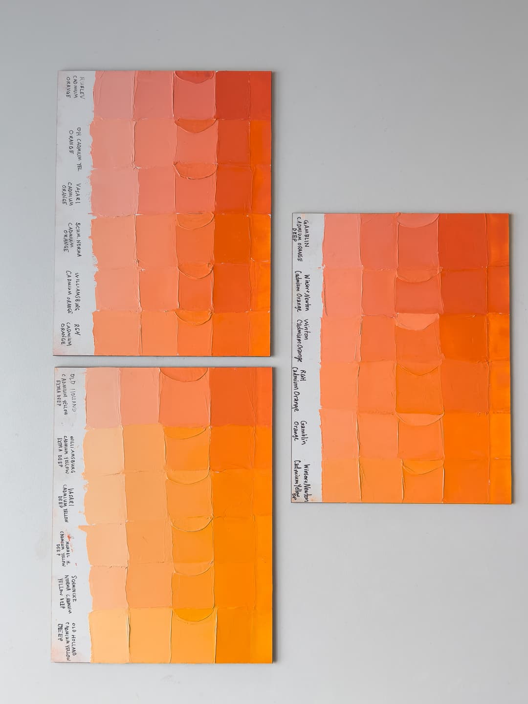 Three panels show comparisons of Cadmium Orange in oil paint across brands