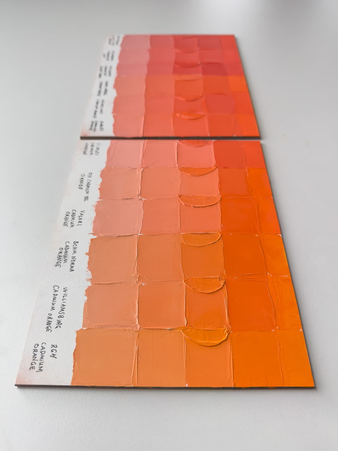 Cadmium oranges and Cadmium Red Lights. Comparison of oil paints across brands