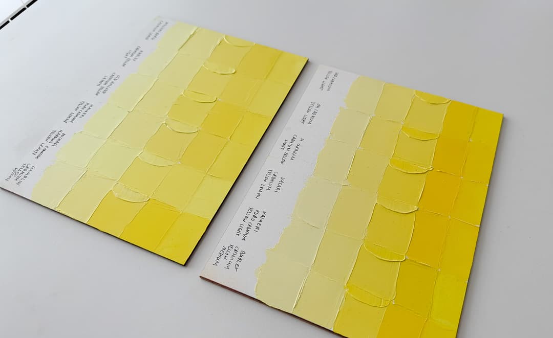 Two panels show a selection of paint swatches. One shows cadmium yellow lemon paints, one shows cadmium yellow light paints. Both kinds of yellow are very similar, however the lemons are a bit less orangey.