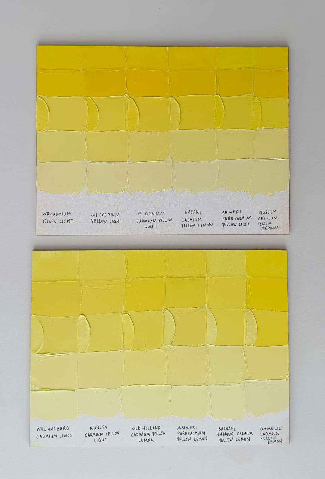 Two panels which show cadmium yellow lemon and light paints. The cadmium yellow lemon panel is a little less orangy