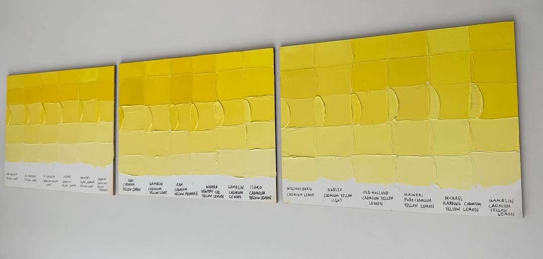 Swatches of Cadmium Yellow Light and lemon artist oil paint show the differences in color across many brands