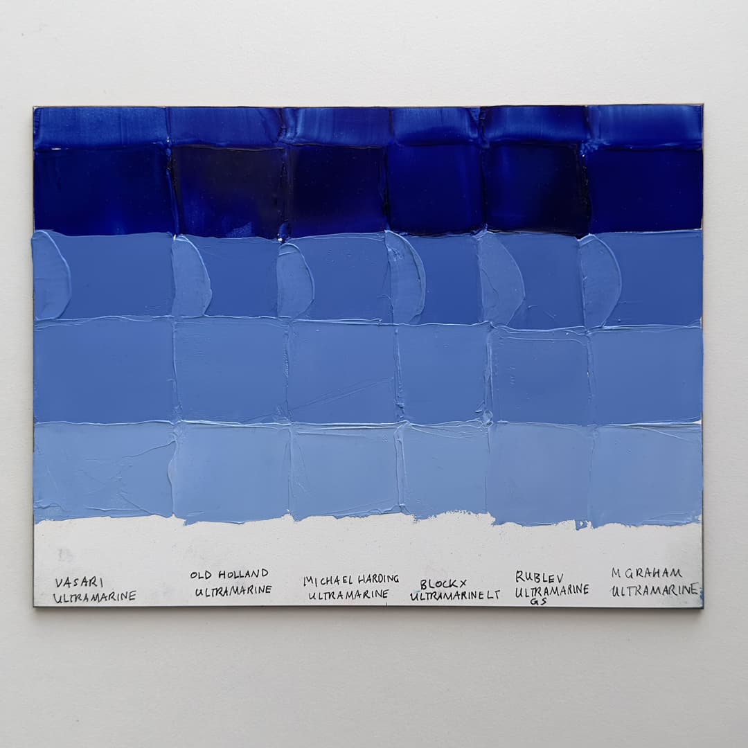 A panel of paint swatches comparing ultramarine oil paints in glazes, masstone, tints, and undertone.