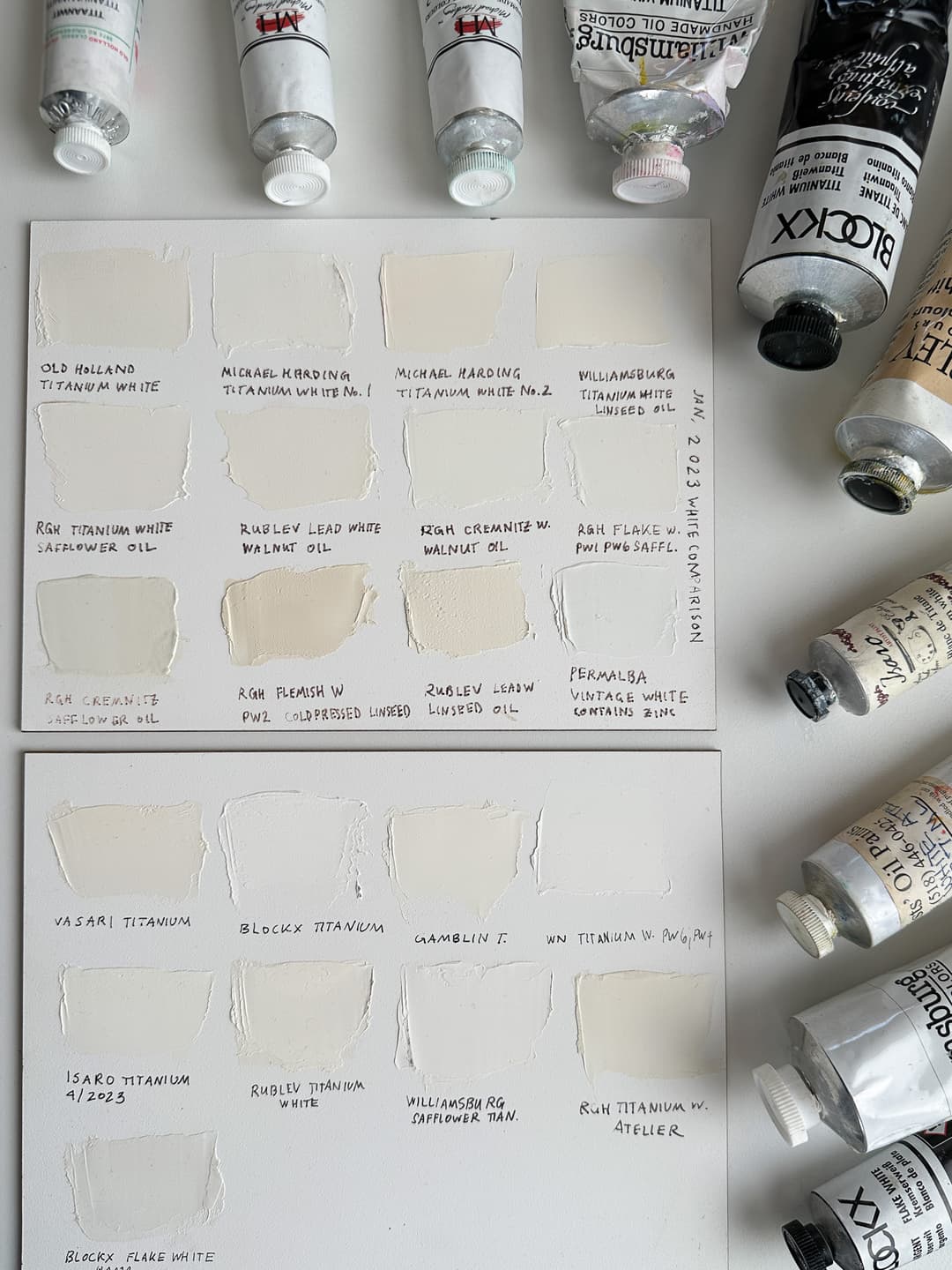 Panels show a comparison of how swatches of Titanium White and other white pigments aged over time